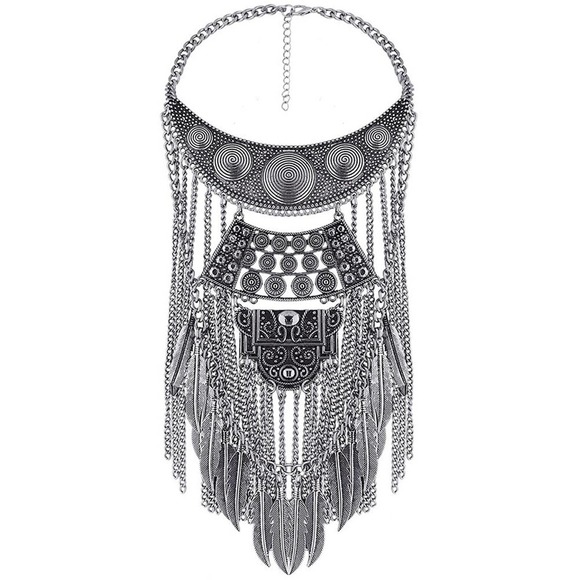 Chunky Bib Necklace Collar Necklaces Feathers Vintage Maxi Choker Statement Boho - Picture 1 of 6